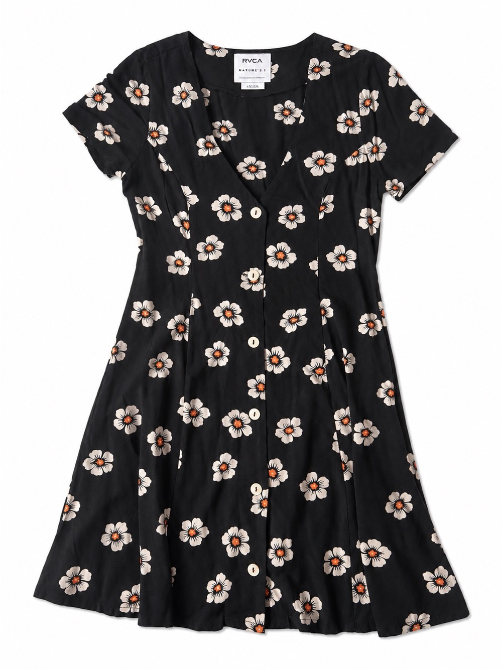 RVCA Black Mini Dress with White Floral Print XS